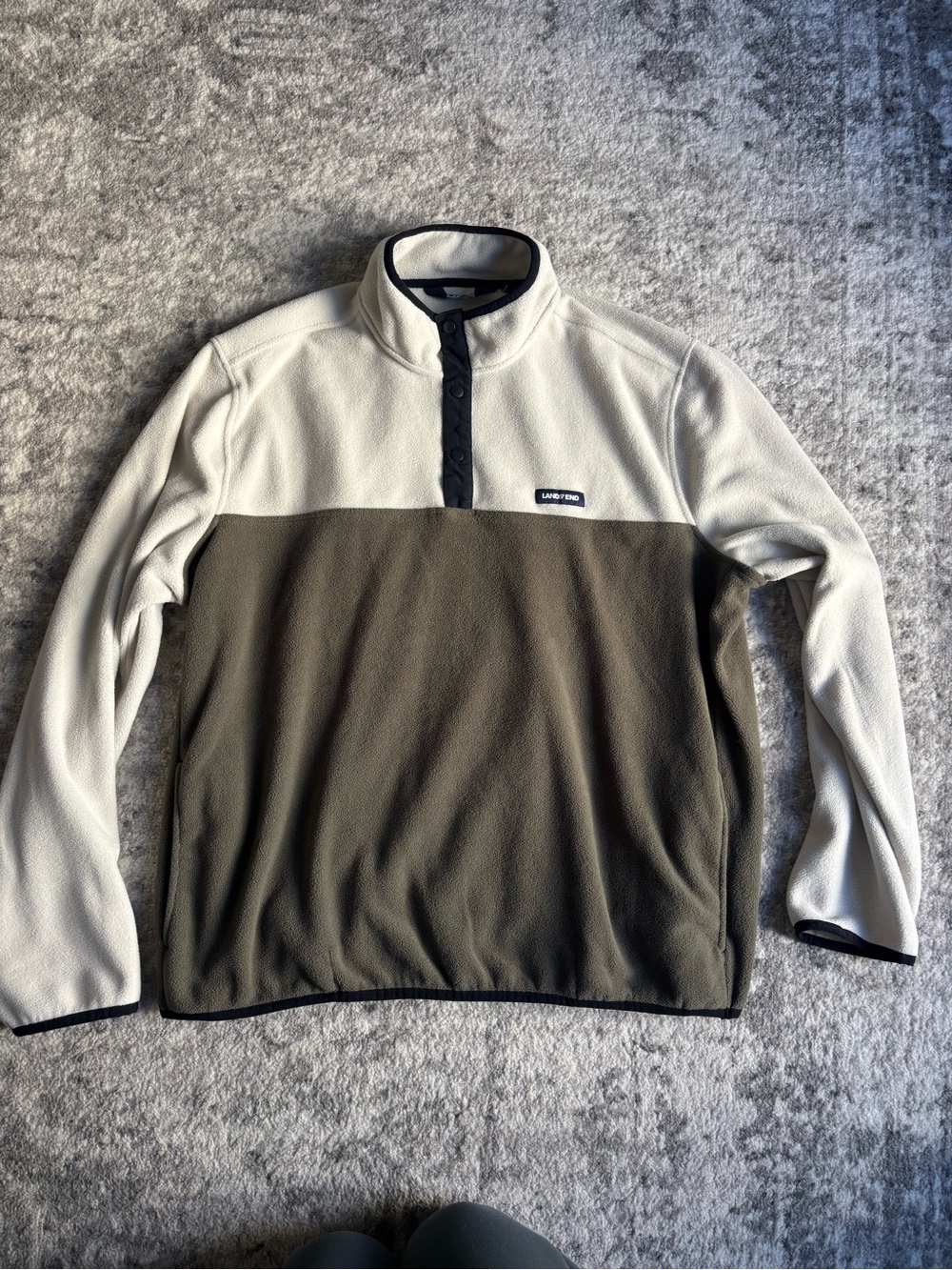 Lands' End Men's Two-Tone Cream & Olive Zip Pullover Fleece